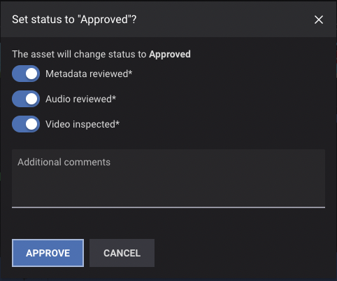 Set asset status approved modal